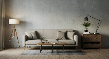 Modern living room interior with neutral tones, featuring a light beige sofa, a wooden coffee table, and a wooden dresser.