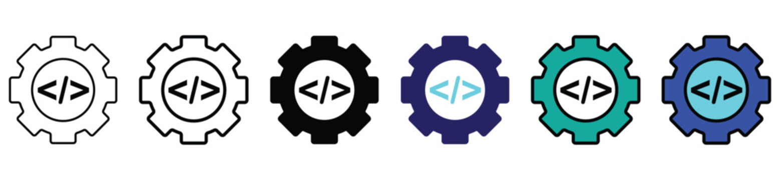 Set of Coding Gear Icons &ndash; Software Development and Programming Settings Symbol in Various Styles

