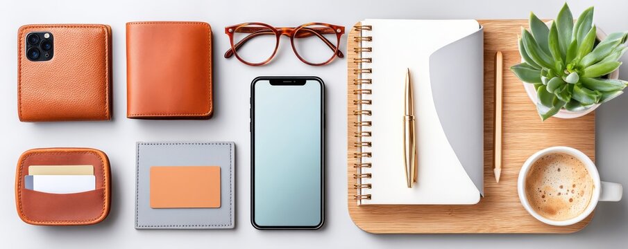 Stylish flat lay of office essentials with orange accents and smartphone