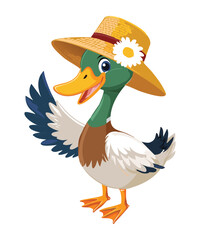 Stylish Mallard Duck Wearing Straw Hat with Flower