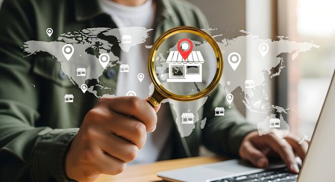 Find local business online store shop location map with magnifying glass and laptop use