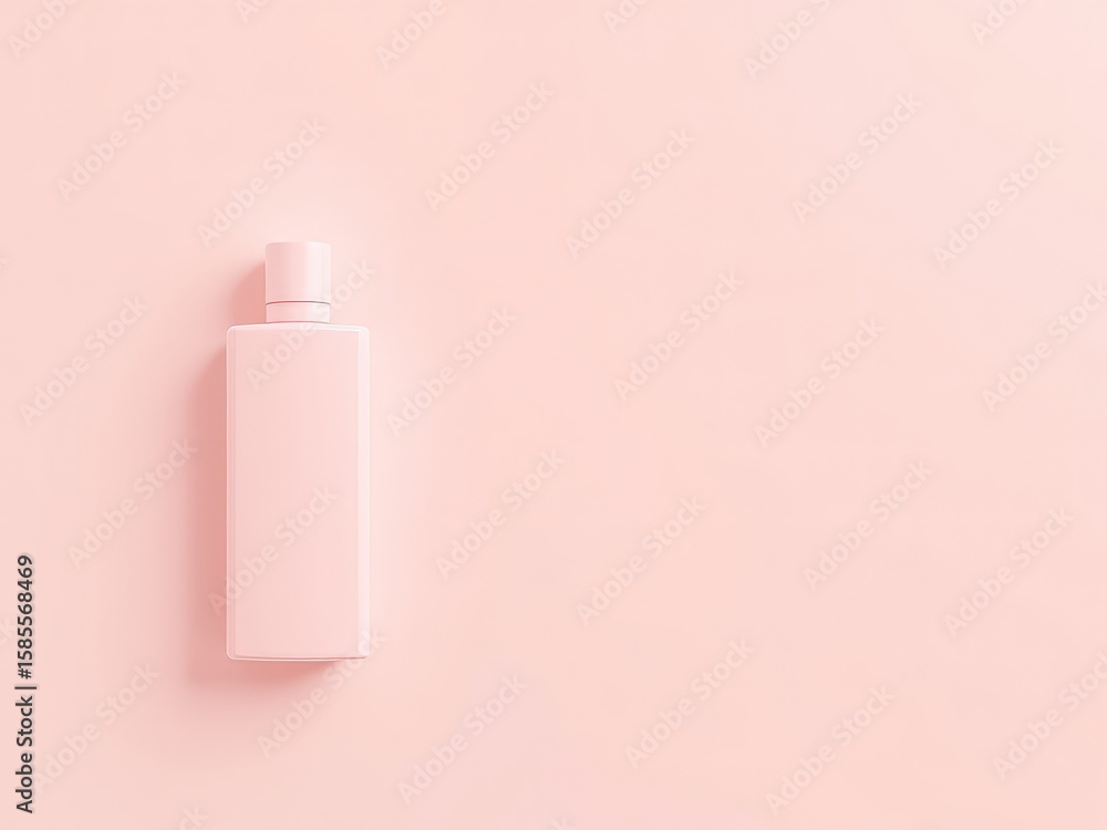 Poster minimalist presentation of a light pink bottle against a matching background, creating a sense of el