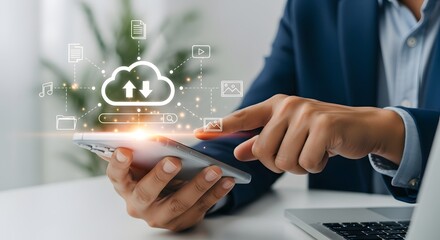 Cloud computing technology concept man using smartphone uploading data to cloud server