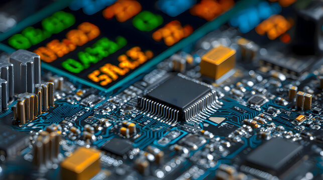Close-up of a Complex Computer Motherboard with Stock Market Data Displayed