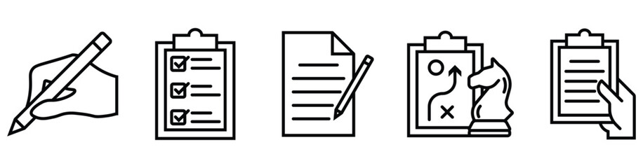 icon, document, clipboard, paper, Copywriting line icons set. Text web, clipboard and pencil, words, notepad, hand writing on document icon symbol. Vector stock. 