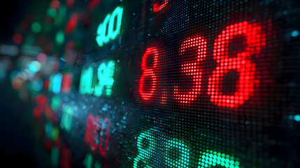 Stock Market Ticker Display with Red and Green LED Numbers Showing Financial Data