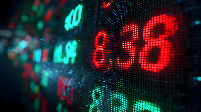 Stock Market Ticker Display with Red and Green LED Numbers Showing Financial Data - Powered by Adobe