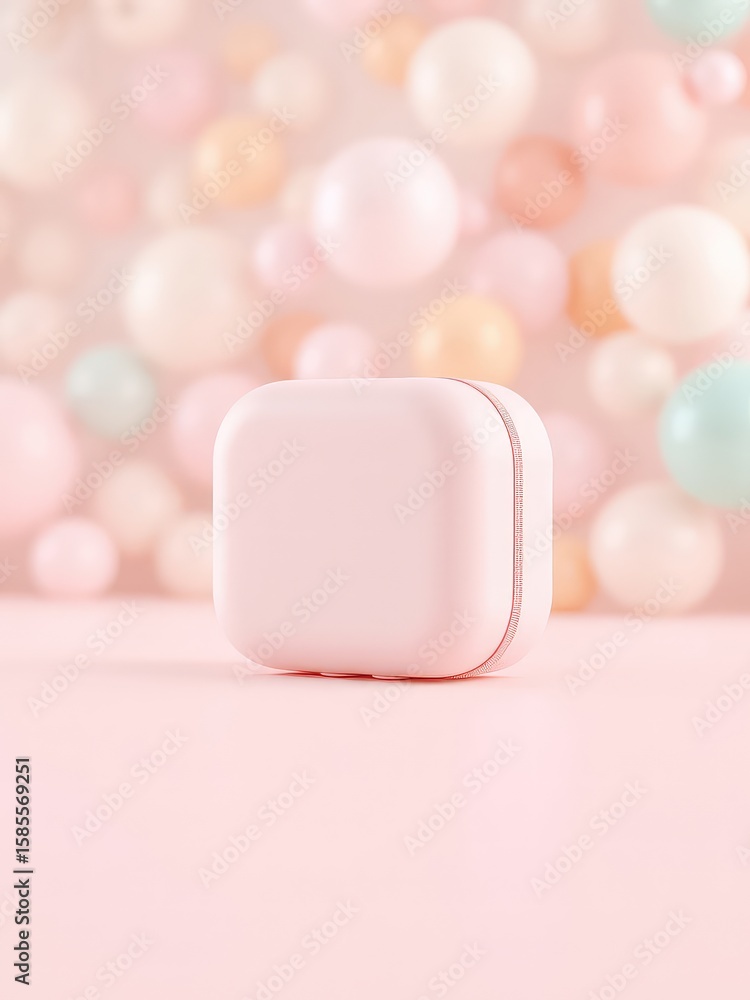 Poster soft pink container sits atop a matching surface with a blurred background of pale colored orbs