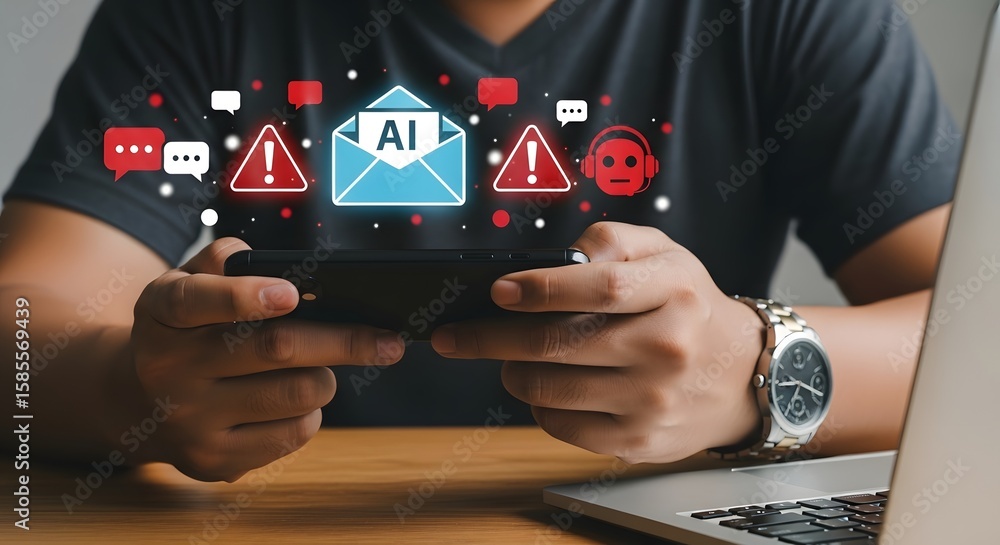 Poster ai email security threat detection concept on mobile phone with notification alerts online