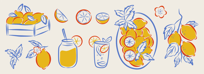 Hand drawn sketch style citrus fruits set. Vector cute elegant doodle line illustration of lemons, cocktail glass and lemon tree for background, wall art, card, frame, invitation or poster, packaging.