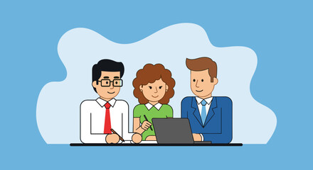 A diverse team of three professionals collaborates around a laptop, strategizing and working together in a modern office environment, promoting teamwork.