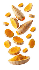 flying turmeric and half slices isolated on transparent white background, clipping path
