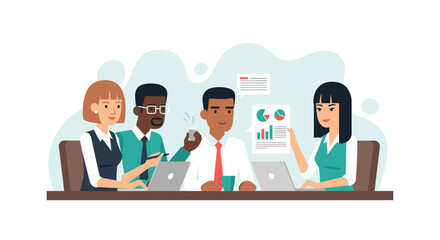 Diverse business team collaborates in a modern office, analyzing data and charts on laptops and documents, fostering teamwork and strategic planning for growth.