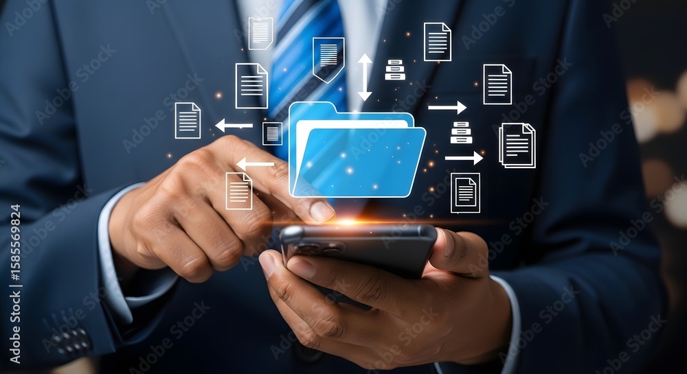 Poster data management on mobile phone concept businessman using smartphone for file transfer app 92 char
