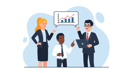 An animated illustration depicts a diverse business team collaboratively discussing financial growth and strategic planning with a rising graph.