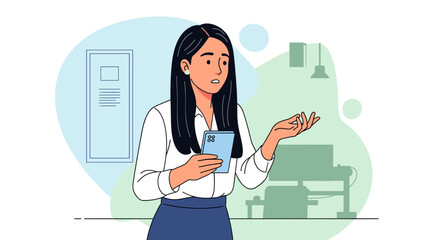 A perplexed young woman holds her smartphone and gestures with an open hand, depicted in a modern flat vector illustration.
