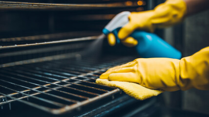 Closeup of person wearing yellow gloves cleaning barbeque metallic grill with blue spray bottle and cloth