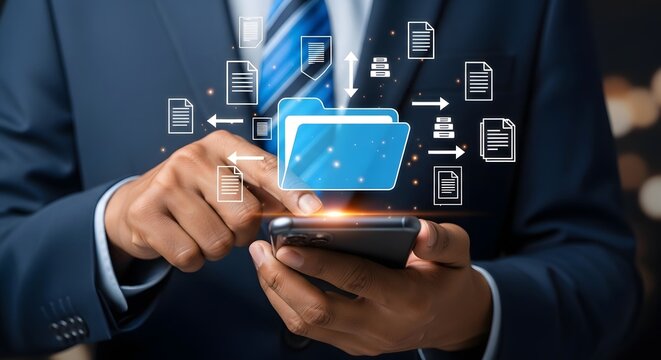 Data management on mobile phone concept businessman using smartphone for file transfer app 92 char