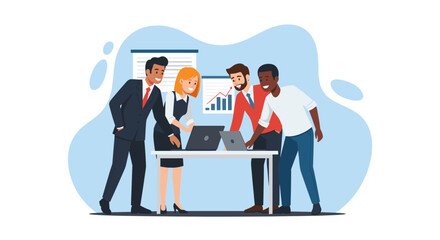 A diverse group of business professionals collaborates around a table, analyzing data on laptops, with graphs displayed in the background, set against a clean backdrop.