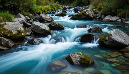 Fototapeta premium Crystal Clear River Winding Through Rocks And Lush Forest