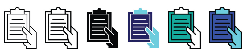 Set of Hand Holding Clipboard Icons in Different Styles – Outline, Solid, and Color Variants