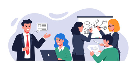 An energetic business team illustration showcasing professionals collaborating, brainstorming on a whiteboard, and engaging in a productive office meeting.