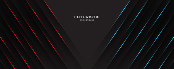 3D black techno abstract background overlap layer on dark space with red blue lights effect decoration. Modern graphic design element cutout lines style concept for web, flyer, card, or brochure cover