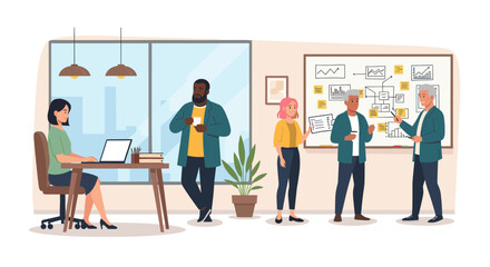 A diverse group of professionals collaborates and discusses ideas in a modern, brightly lit office environment, fostering innovation and teamwork.