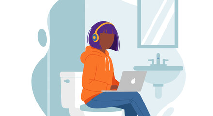 A person with purple hair wearing headphones sits on a toilet while working on a laptop, illustrating remote work or multitasking in a home bathroom setting.