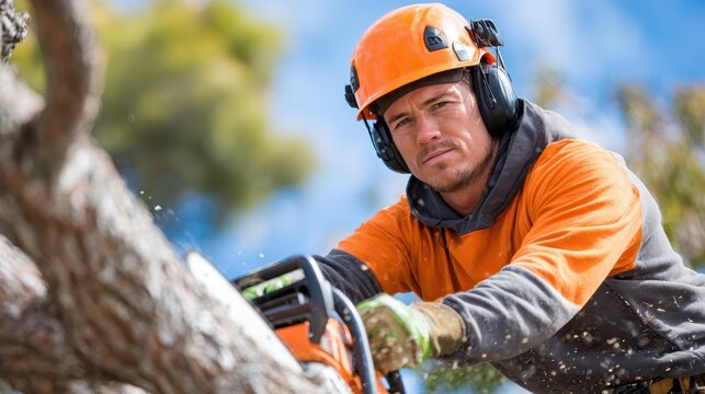 Dedicated tree worker skillfully trimming branches on a sunny afternoon - Powered by Adobe