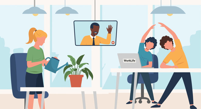 A dynamic modern office environment illustrates diverse employees engaged in various activities including plant care, stretching, and remote video calls.