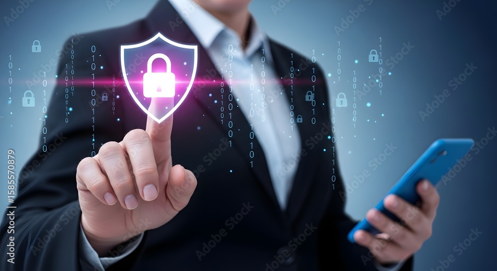Poster internet security cyber security data protection and privacy concept with businessman using phone