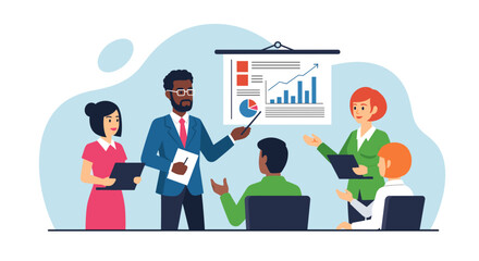 A diverse team of professionals engages in a collaborative business meeting, with a presenter explaining data on a screen in a modern flat illustration style.
