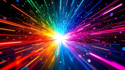 A vibrant burst of colorful light rays radiates from a bright central point, creating a dynamic, energetic visual effect with a futuristic and cosmic feel.