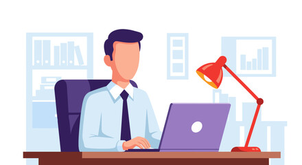 Fototapeta premium A faceless businessman sits at his desk, working on a laptop with a red lamp illuminating his workspace in a modern, clean office setting.