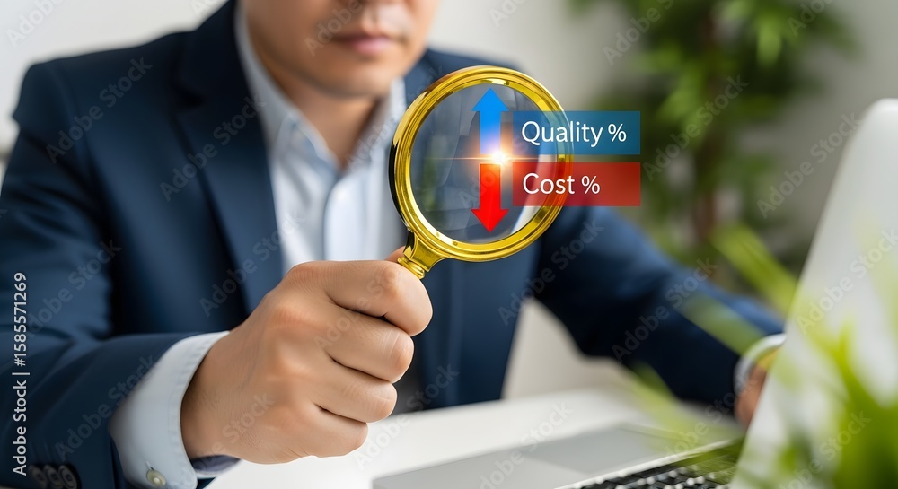 Poster analyzing cost and quality with magnifying glass for business process optimization strategy