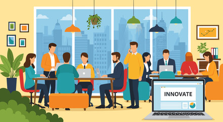 Diverse business professionals collaborate in a modern office conference room, fostering innovation and teamwork with laptops and city views.