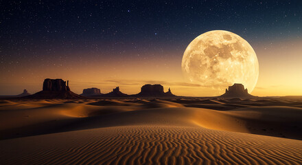 Gigantic moon illuminates desert sand dunes and iconic rock formations under starry sky