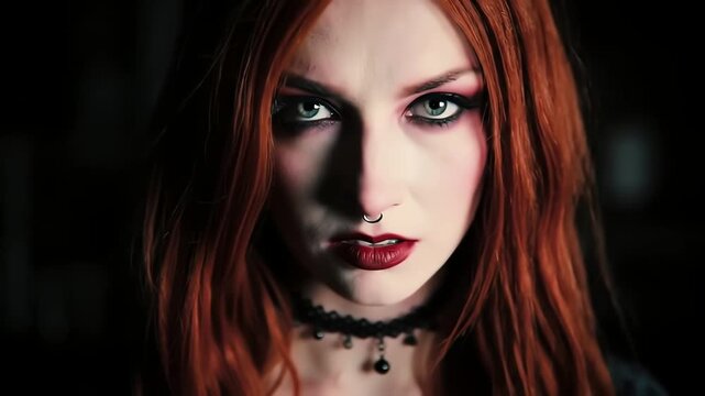Cinematic close up of a beautiful gothic girl with red hair and dark makeup looking intently forward