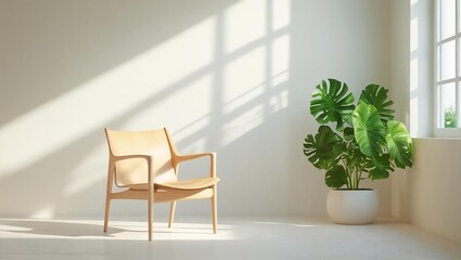 Bright Minimalist Room with Wooden Chair and Plant