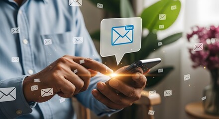 Email marketing strategy man using smartphone for newsletter subscription and communication plan