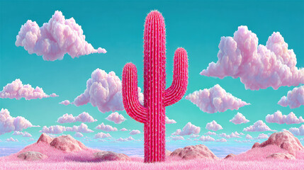 Cactus cartoon, Cartoon cactus waving from mountain top in vibrant 3D illustration.