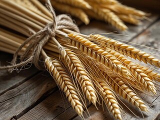 Beige Wheat Stalk Bundle Tied with Jute on Rustic Table