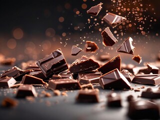 Broken Dark Chocolate Bar Pieces Falling on Dark Background