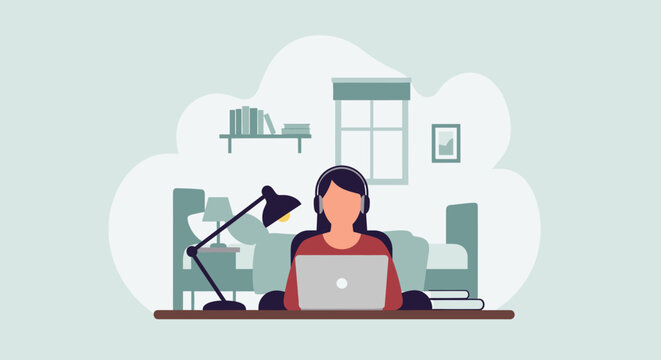 A faceless female character is depicted working at a desk with a laptop in a simplified, vector-style illustration of a home office setup, promoting remote work.