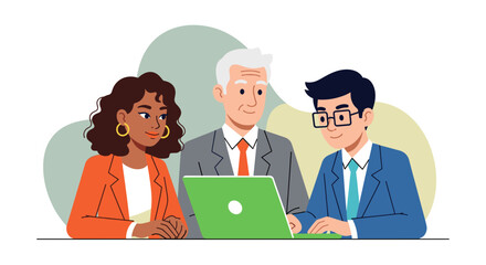 A diverse team of professionals collaborates on a bright green laptop, illustrating modern business teamwork and digital communication in a flat design style.