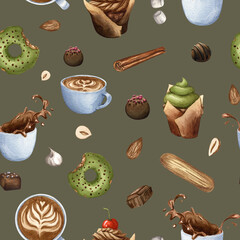 Watercolor coffee seamless pattern on green background perfect for fabric prints, kitchen textiles, and cafe packaging design, textile design,  scrapbooking. coffee and sweets seamless pattern