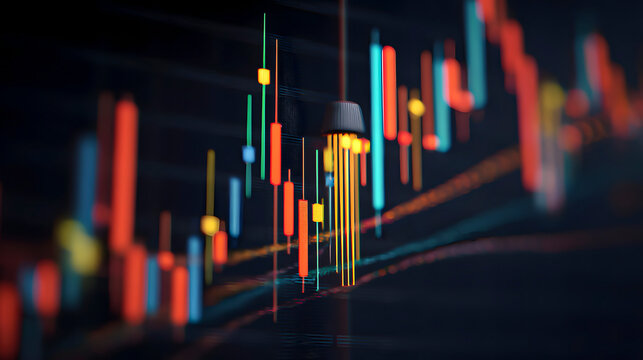 Abstract Candlestick Chart with Red, Green, and Blue Bars on Dark Background