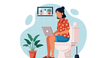 A dedicated individual demonstrates extreme remote work flexibility by typing on a laptop while comfortably seated on a toilet in a home bathroom.