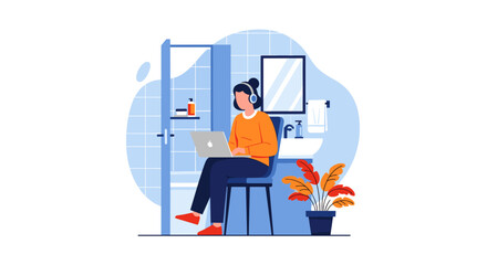 A woman wearing headphones works remotely on a laptop in a modern, minimalist bathroom setting, showcasing work-life balance and digital nomad lifestyle.